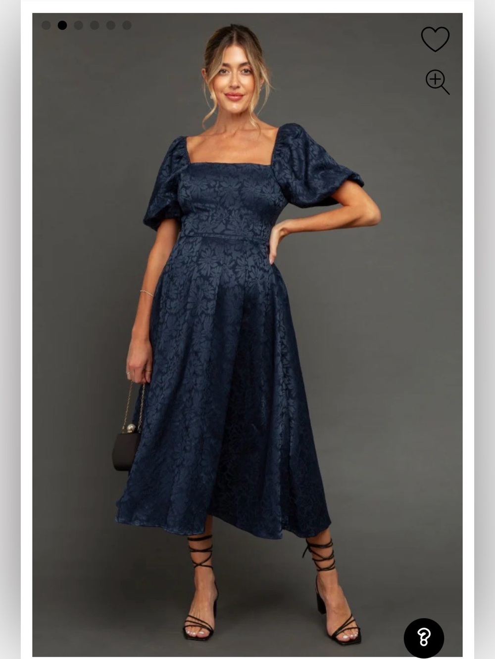 Navy Floral Jacquard Puff Sleeve Midi Dress
